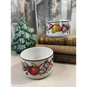 Dansk Intl Ceramic Christmas Candy Dish Bowl Pair Fruit Ribbon